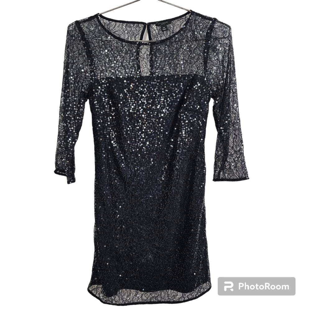 Ann Taylor Petite Black Lace and Sequins 3/4-Sleeve Formal Dress Sz 00
